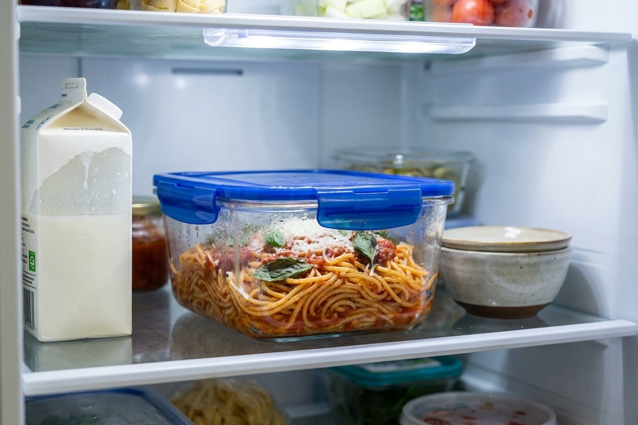 A glass container of leftover sauced pasta with a tight lid sitting on a refrigerator shelf