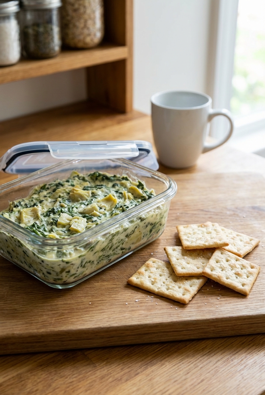 A glass container of leftover spinach artichoke dip with a lid next to crackers on a kitchen counter