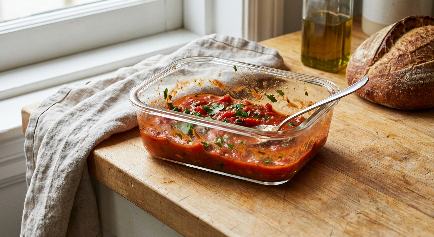 A glass container of leftover tomato and pepper shakshuka sauce with herbs, sitting on a kitchen counter