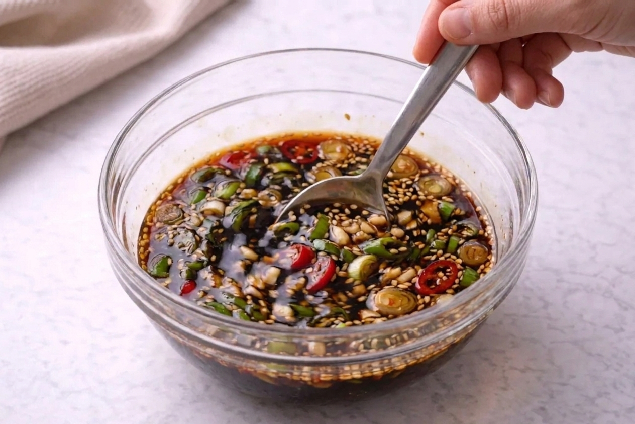 A glass container of soy marinade being stirred with sliced scallions, minced garlic, sesame seeds, and red chili floating on top