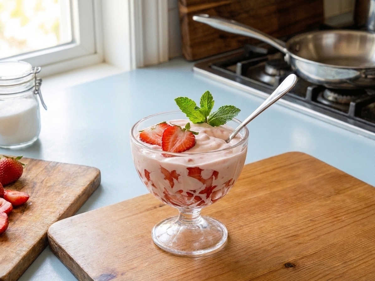 A glass dessert bowl filled with fresas con crema, showing juicy sliced strawberries folded into a pale pink vanilla cream, on a bright kitchen table with a spoon