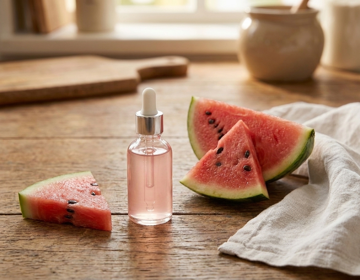 A glass dropper bottle of pale pink, translucent serum on a bright kitchen counter beside fresh watermelon wedges and a folded white towel in soft morning light