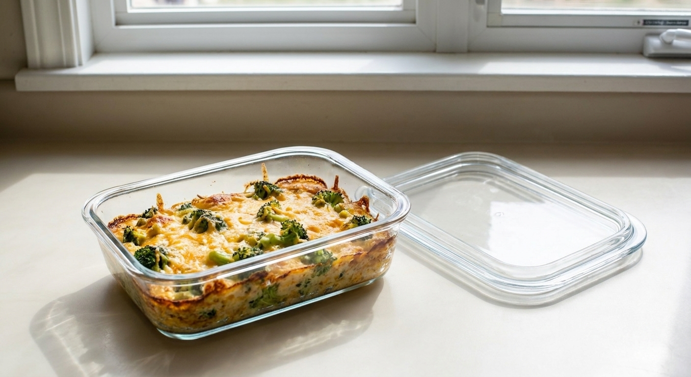 A glass food storage container filled with broccoli and cheese casserole leftovers on a kitchen counter with a fitted lid beside it