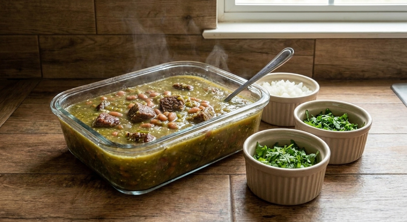 A glass food storage container filled with carne en su jugo on a kitchen counter next to small containers of chopped onion and cilantro