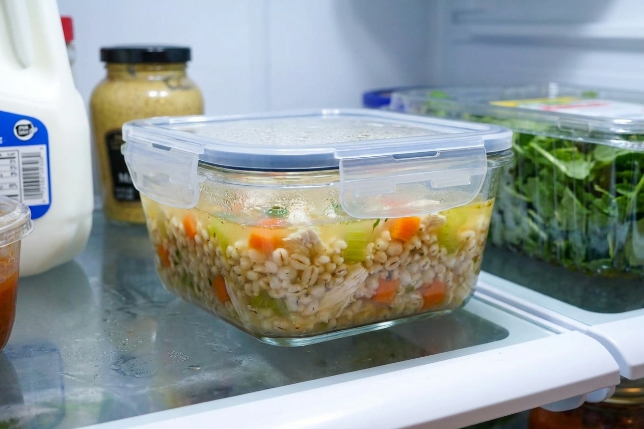 A glass food storage container filled with chicken barley soup with visible carrots and barley, sitting on a refrigerator shelf