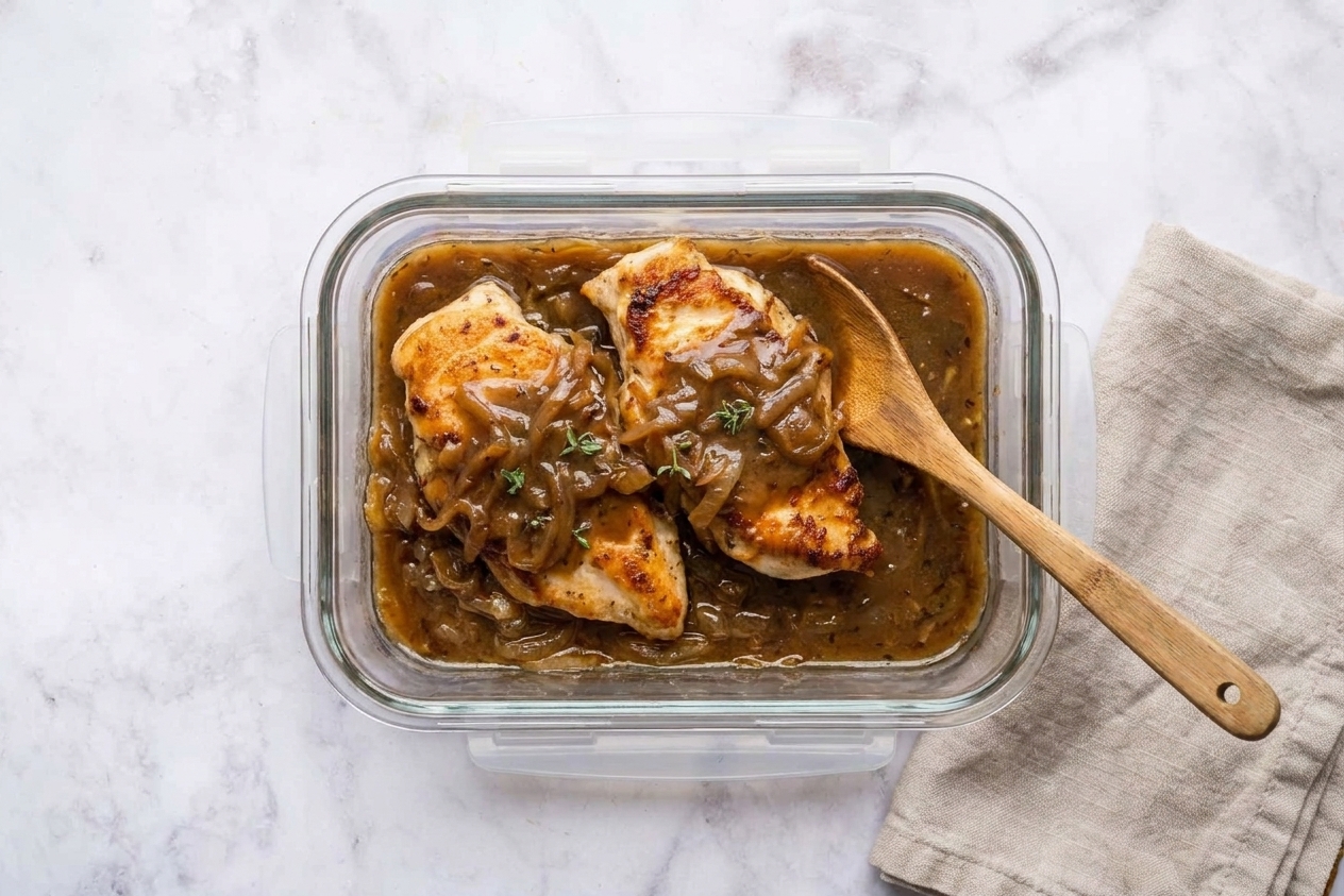 A glass food storage container filled with leftover chicken and brown gravy sitting on a kitchen counter