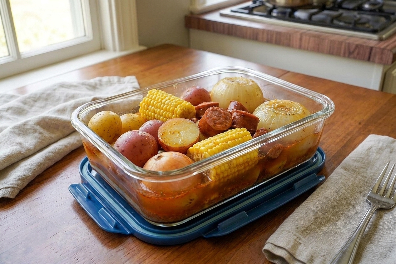A glass food storage container filled with leftover onion boil including potatoes, corn, sausage, and onion with a little seasoned broth