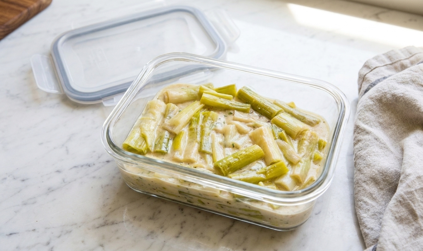 A glass food storage container filled with leftover creamy braised leeks, lid set nearby on a kitchen counter