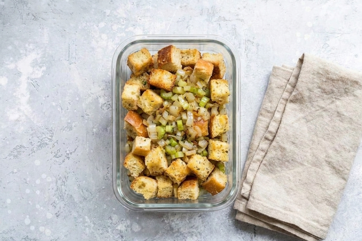 A glass food storage container filled with leftover herb bread stuffing on a kitchen counter next to a folded linen towel