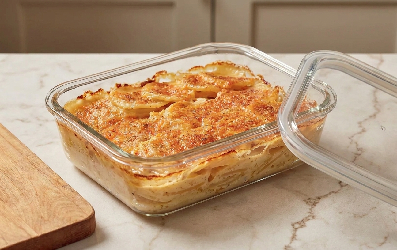 A glass food storage container filled with leftover scalloped potatoes on a kitchen counter next to a lid