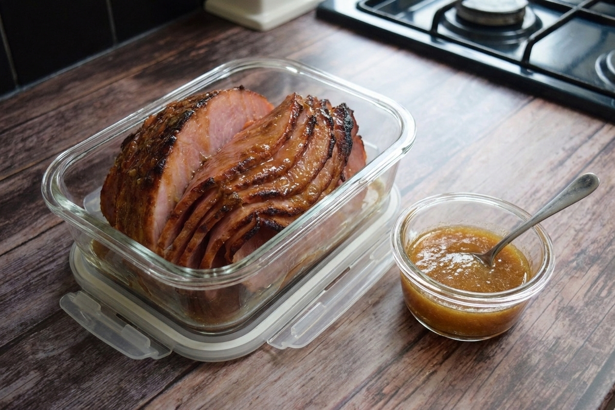 A glass food storage container filled with leftover spiral ham slices and a small cup of extra glaze on a kitchen counter