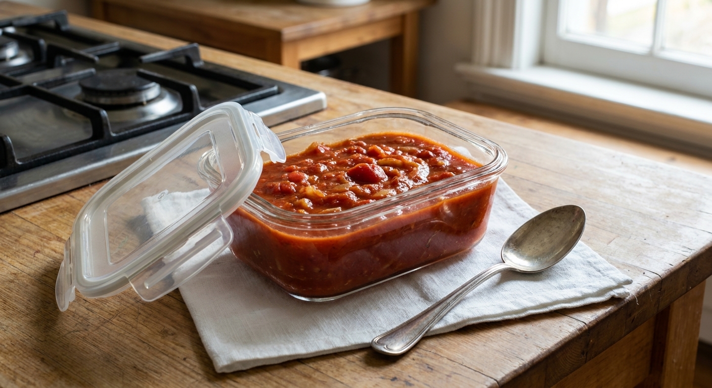 A glass food storage container filled with leftover tomato gravy on a kitchen counter, with a lid set nearby