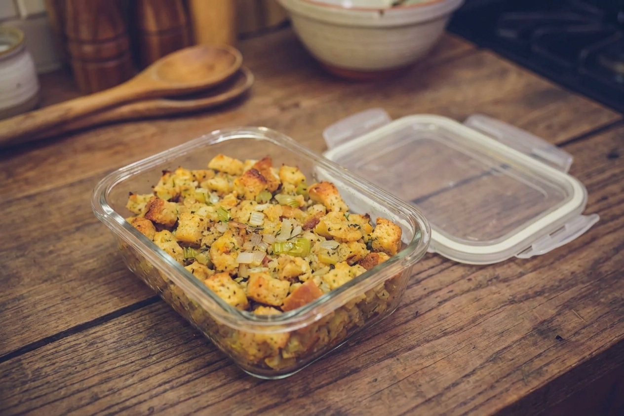 A glass food storage container filled with leftover turkey dressing sitting on a kitchen counter with its lid nearby