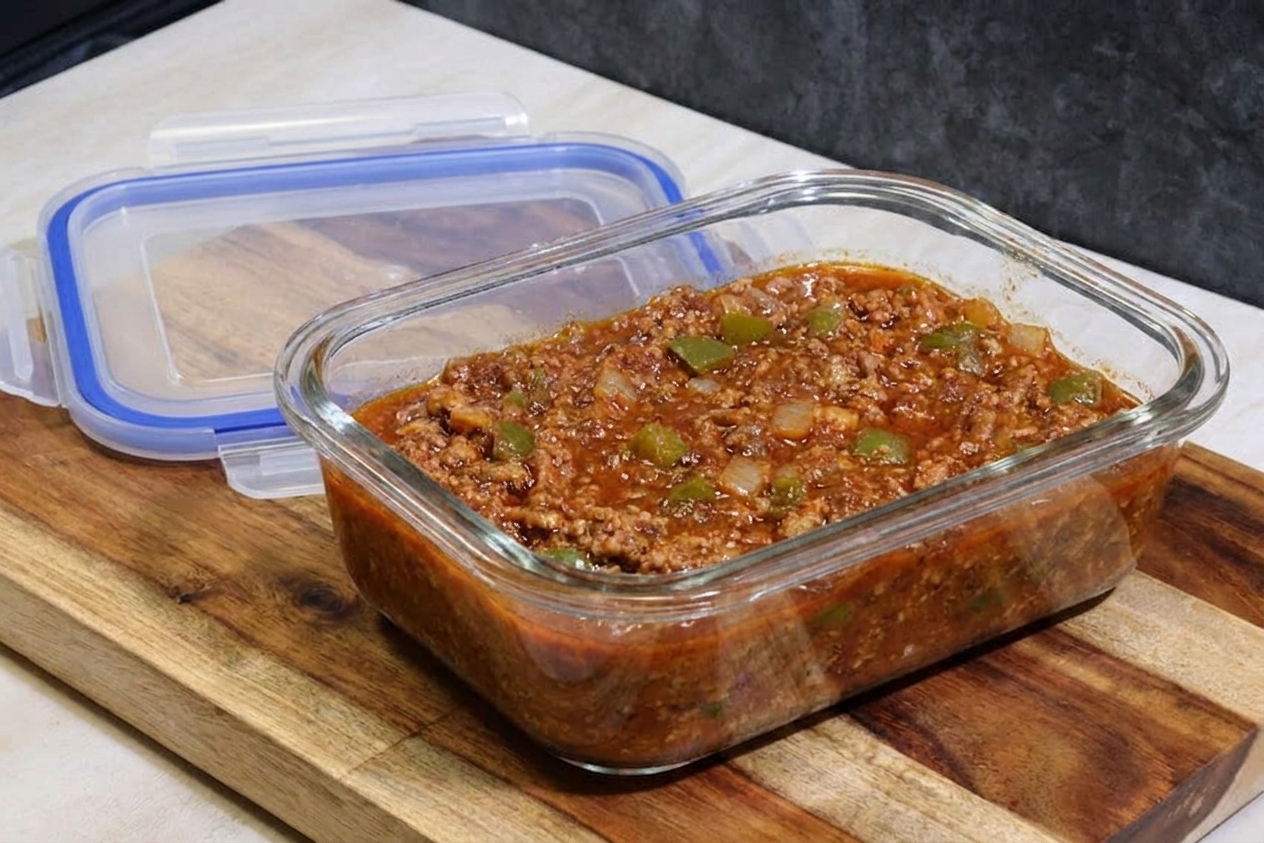 A glass food storage container filled with leftover beanless chili on a kitchen counter with a lid beside it