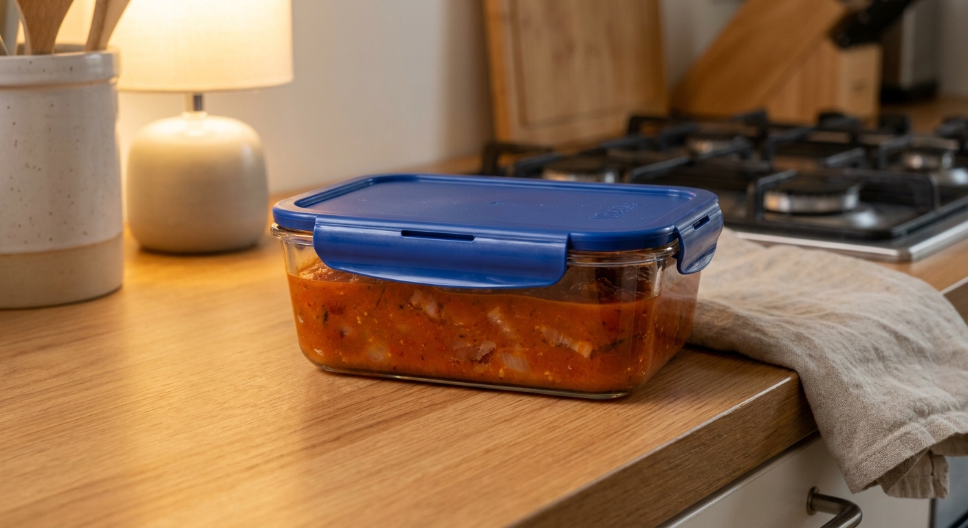 A glass food storage container filled with leftover amatriciana sauce, covered with a lid, sitting on a tidy kitchen counter under warm light