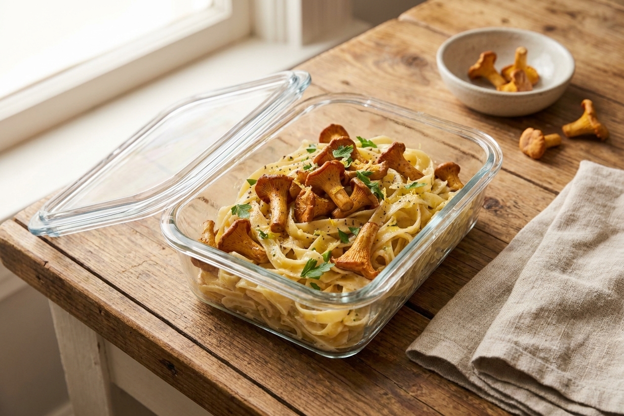 A glass food storage container filled with leftover creamy mushroom pasta with a lid nearby on a tidy kitchen counter