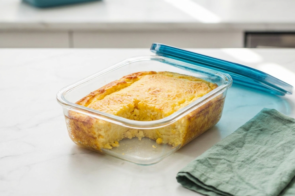 A glass food storage container filled with leftover cornbread pudding on a bright, neutral kitchen counter with the lid set beside it