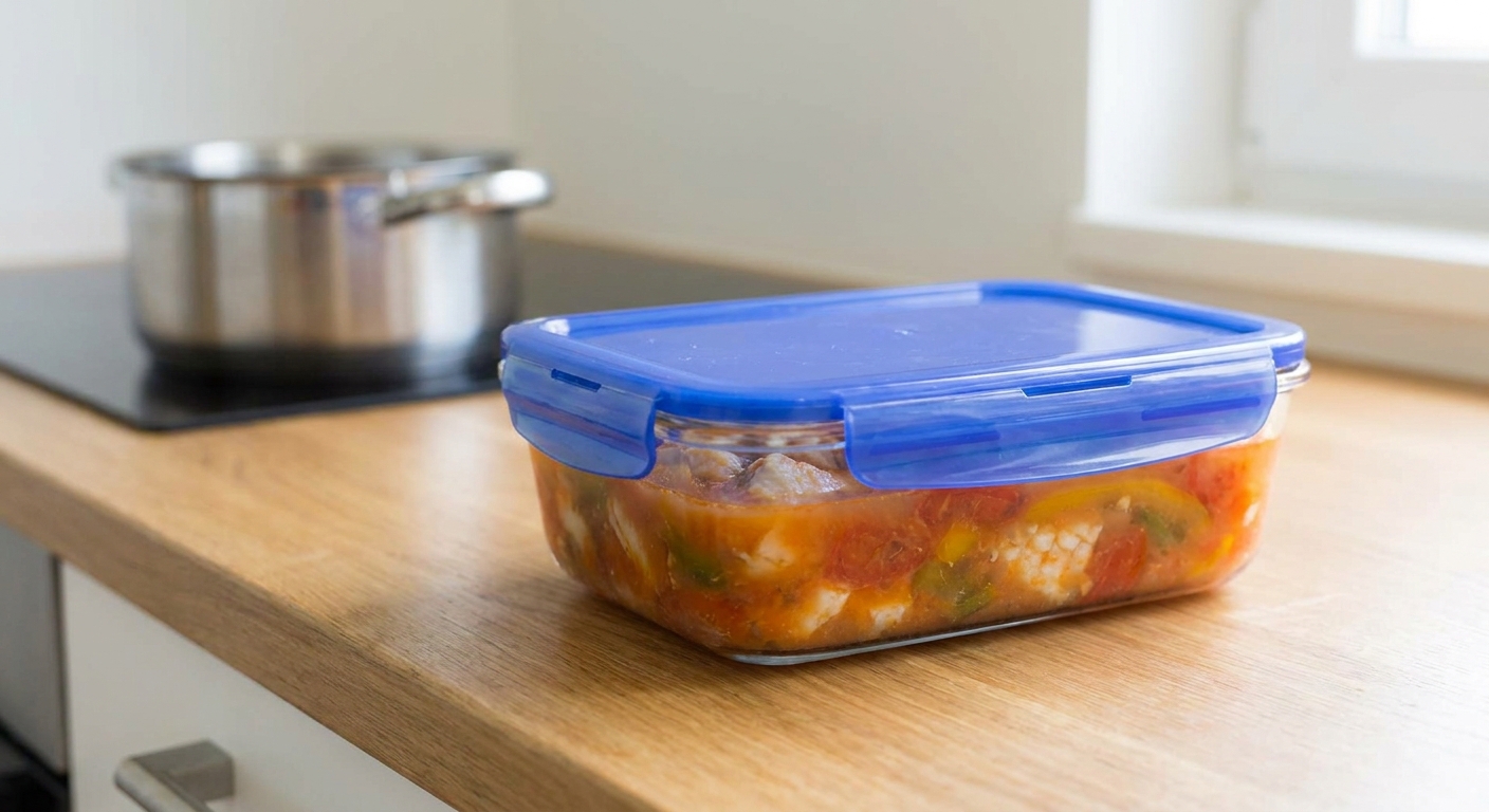 A glass food storage container filled with leftover fish stew, sealed with a lid on a clean kitchen counter