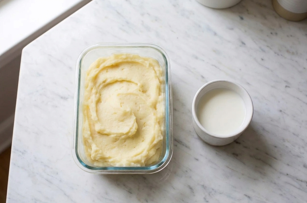 A glass food storage container filled with leftover mashed potatoes on a kitchen counter with a small cup of milk beside it
