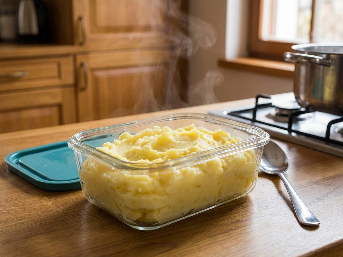 A glass food storage container filled with mashed potatoes and a spoon beside it on a kitchen counter