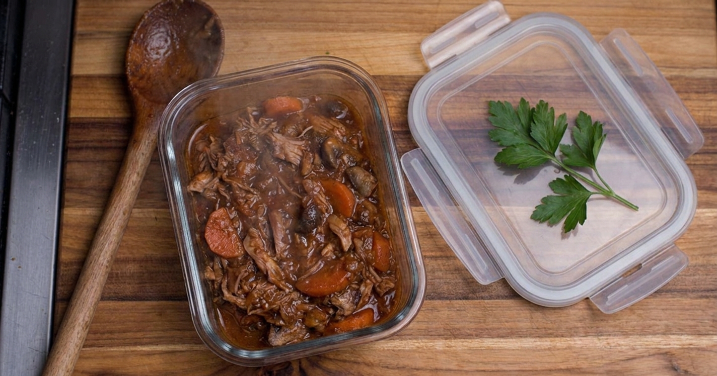 A glass food storage container filled with rabbit ragu cooling with the lid nearby
