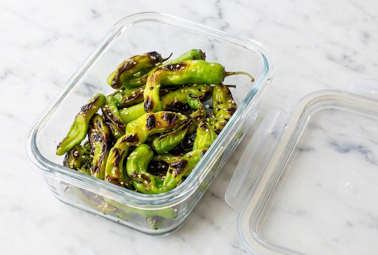 A glass food storage container holding leftover blistered shishito peppers on a kitchen counter beside a fitted lid