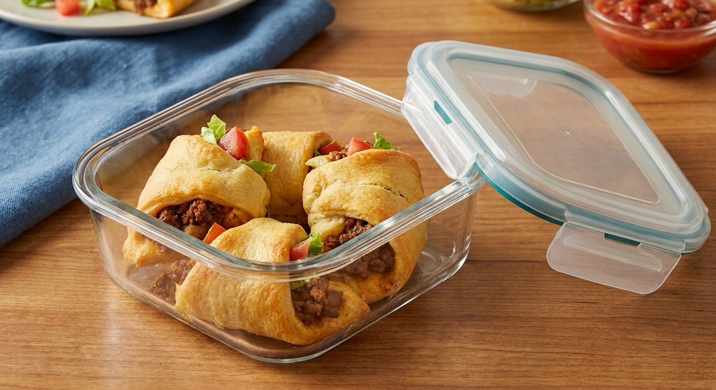 A glass food storage container holding leftover crescent roll taco ring wedges, lid set beside it on a kitchen counter