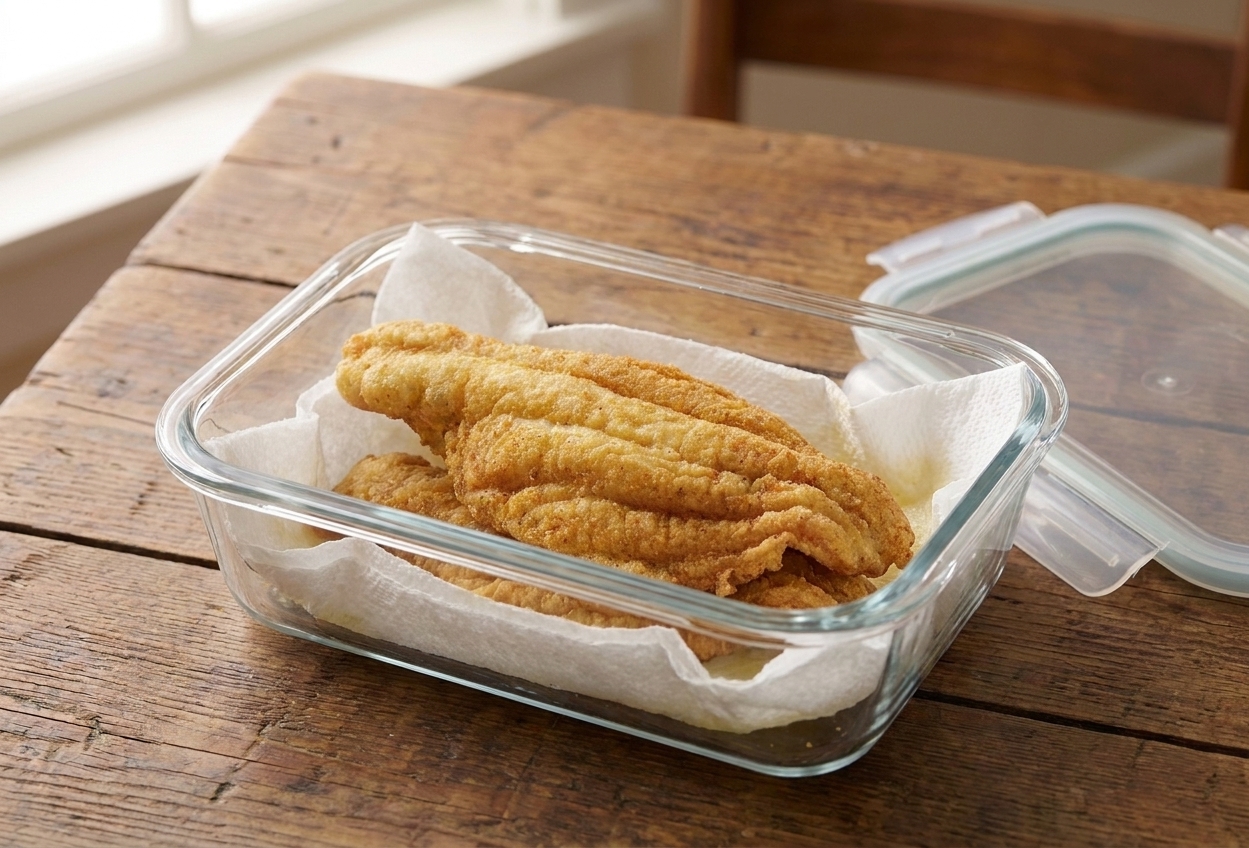 A glass food storage container holding leftover fried catfish with a paper towel liner on a kitchen counter