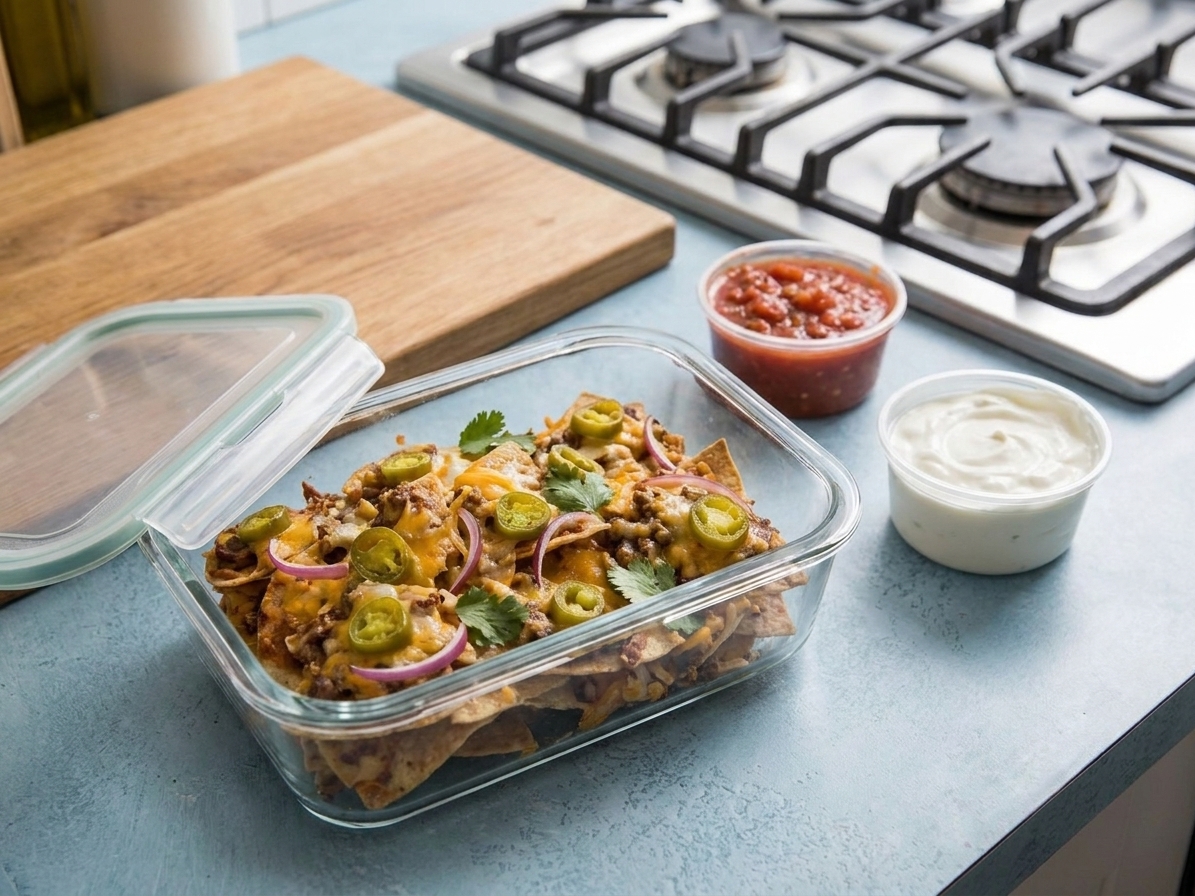 A glass food storage container holding leftover nachos with melted cheese and beef on a kitchen counter next to small containers of salsa and sour cream
