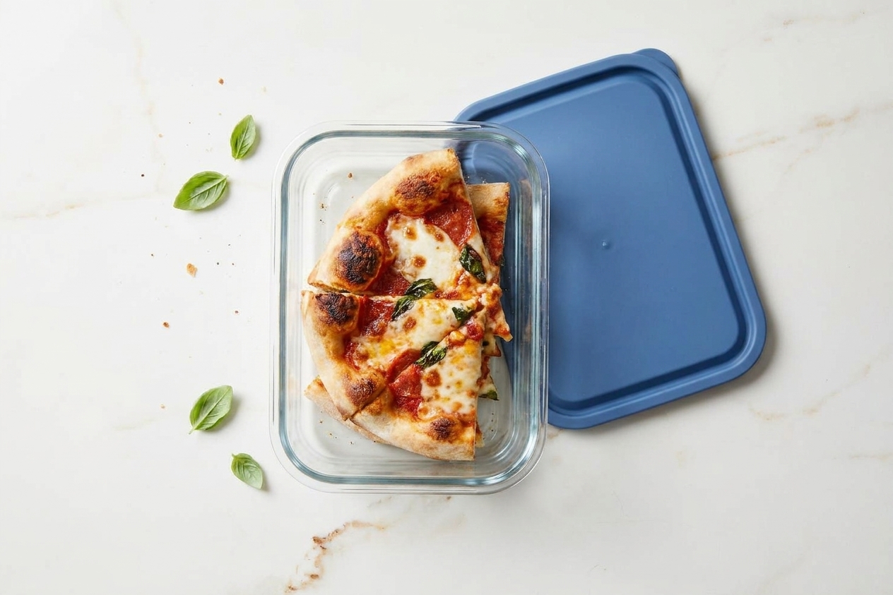 A glass food storage container holding leftover pizza slices on a kitchen counter with a reusable lid set beside it