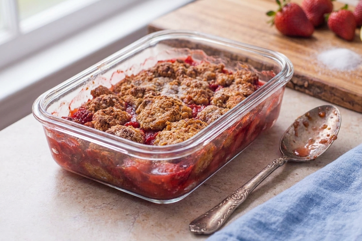 A glass food storage container holding leftover strawberry cobbler with a metal spoon resting beside it on a kitchen counter
