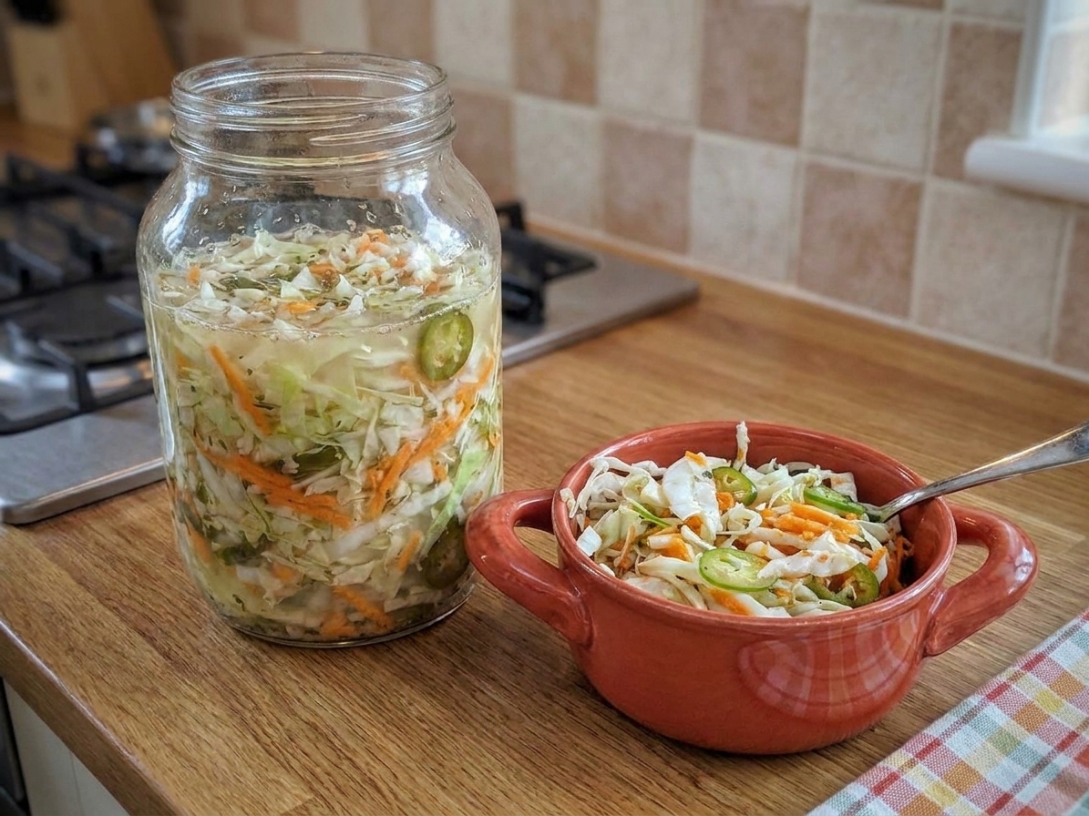 A glass jar and a small serving bowl of Salvadoran curtido, a tangy cabbage and carrot slaw with flecks of oregano and thin onion slices, on a warm kitchen counter in natural light