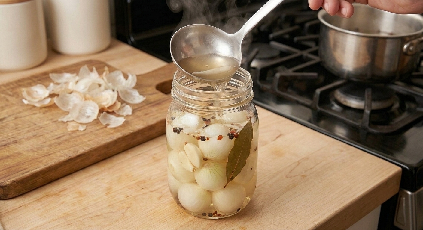 A glass jar being filled with hot brine over pearl onions on a kitchen counter, with garlic and spices visible