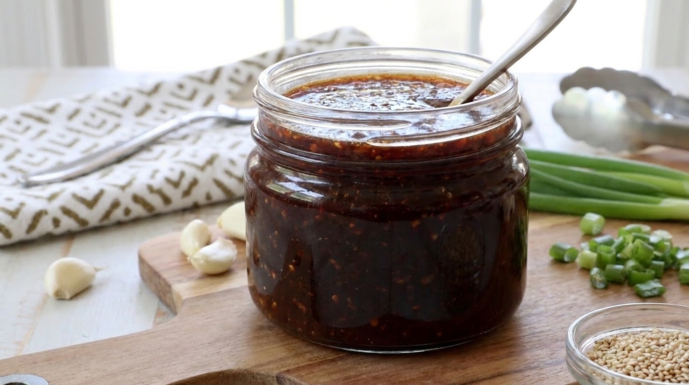 A glass jar filled with General Tso sauce on a kitchen counter next to a small spoon, ready for meal prep