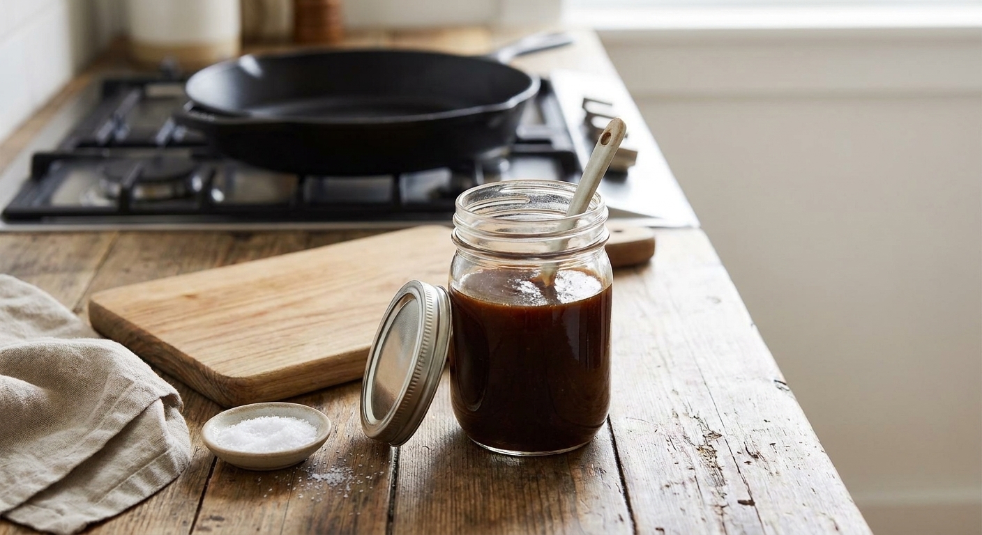 A glass jar filled with Korean BBQ sauce on a kitchen counter with a lid nearby, warm natural light