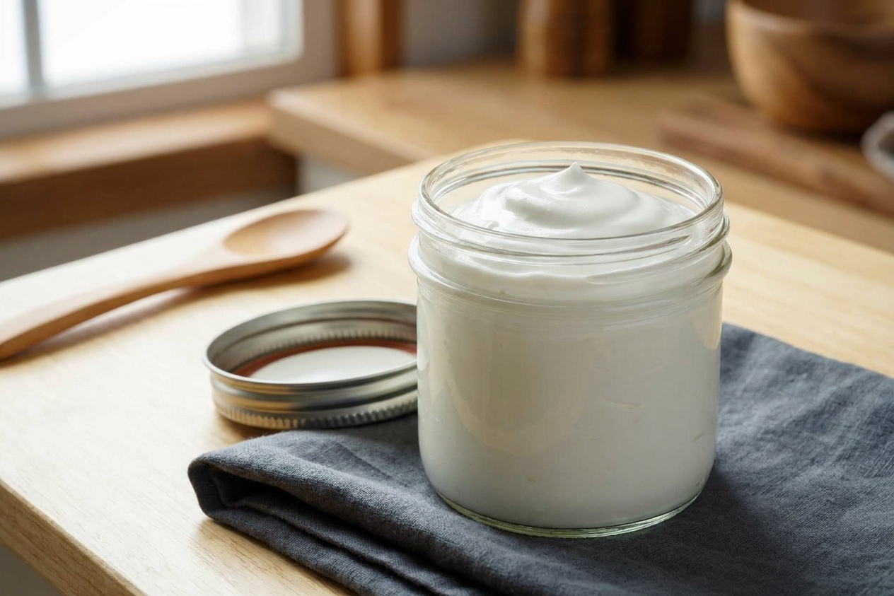 A glass jar filled with Mexican crema with a lid beside it on a clean kitchen counter