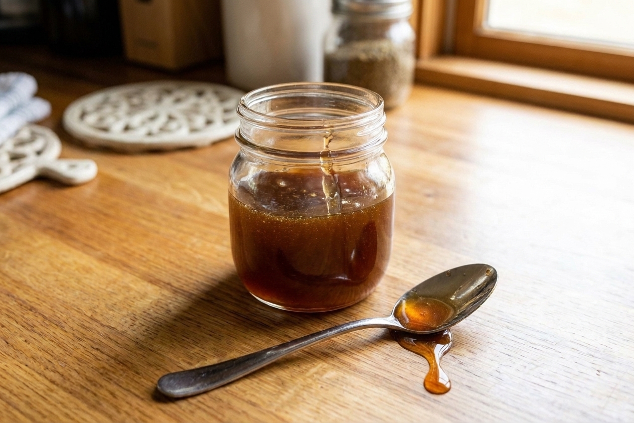 A glass jar filled with amber brown sugar syrup cooling on a kitchen counter beside a spoon with a light syrup drip