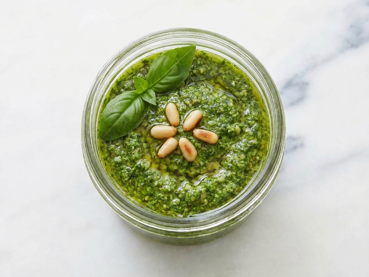 A glass jar filled with basil pesto with a thin olive oil layer on top