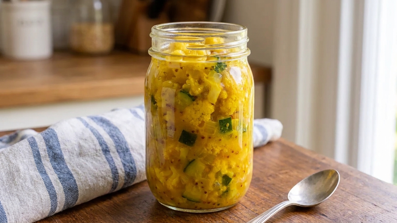 A glass jar filled with bright yellow piccalilli with chunky cauliflower florets and diced vegetables on a kitchen counter, natural window light