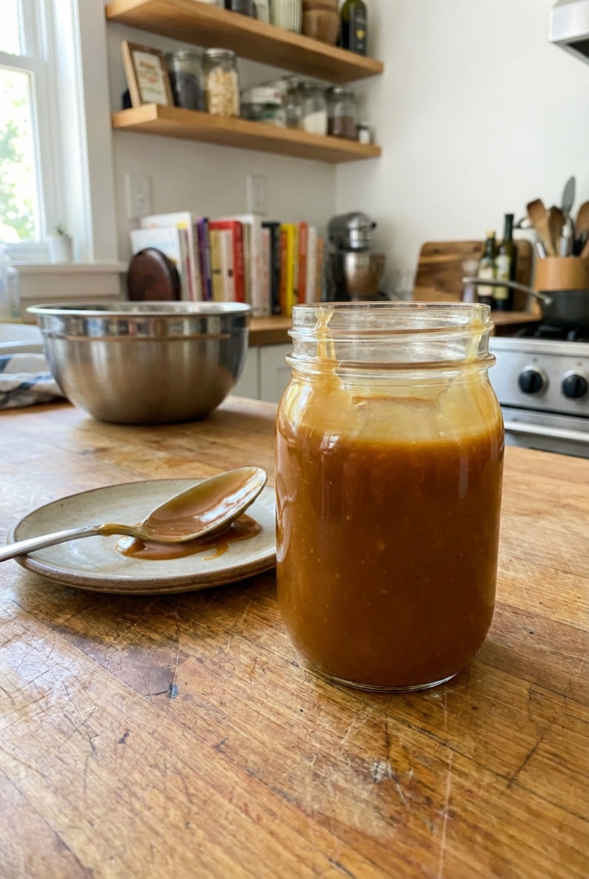 A glass jar filled with caramel sauce on a kitchen counter with a spoon resting beside it