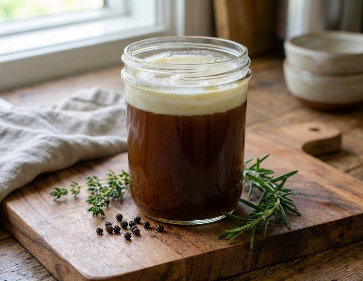 A glass jar filled with chilled beef stock showing a thin layer of solidified fat on top, sitting on a wooden kitchen counter