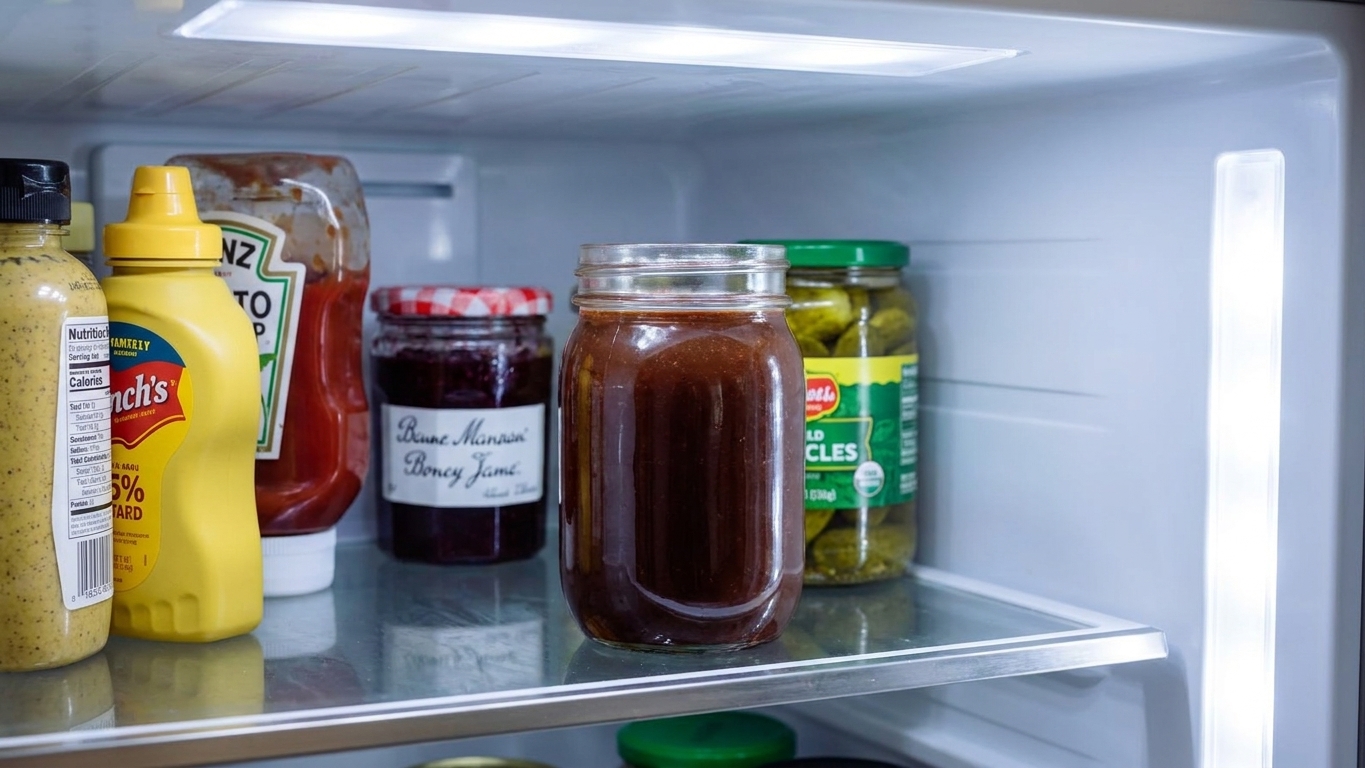 A glass jar filled with chocolate sauce on a refrigerator shelf next to everyday condiments, lit by the fridge light