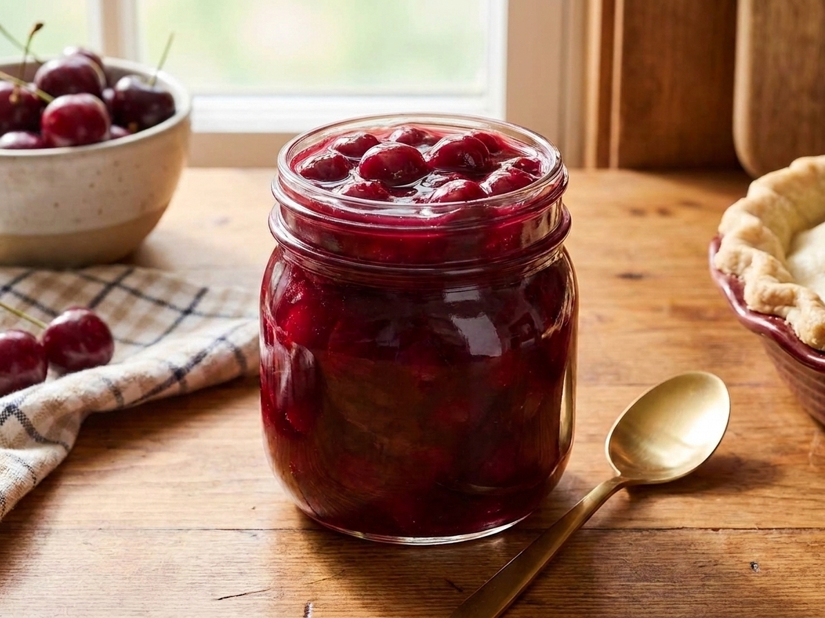 A glass jar filled with cooled cherry pie filling on a kitchen counter with a spoon nearby