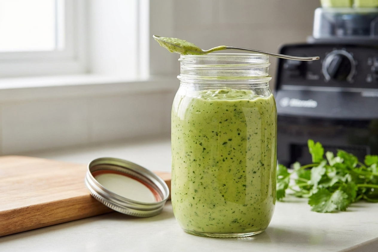 A glass jar filled with creamy avocado dressing with a lid beside it, sitting on a kitchen counter ready to refrigerate