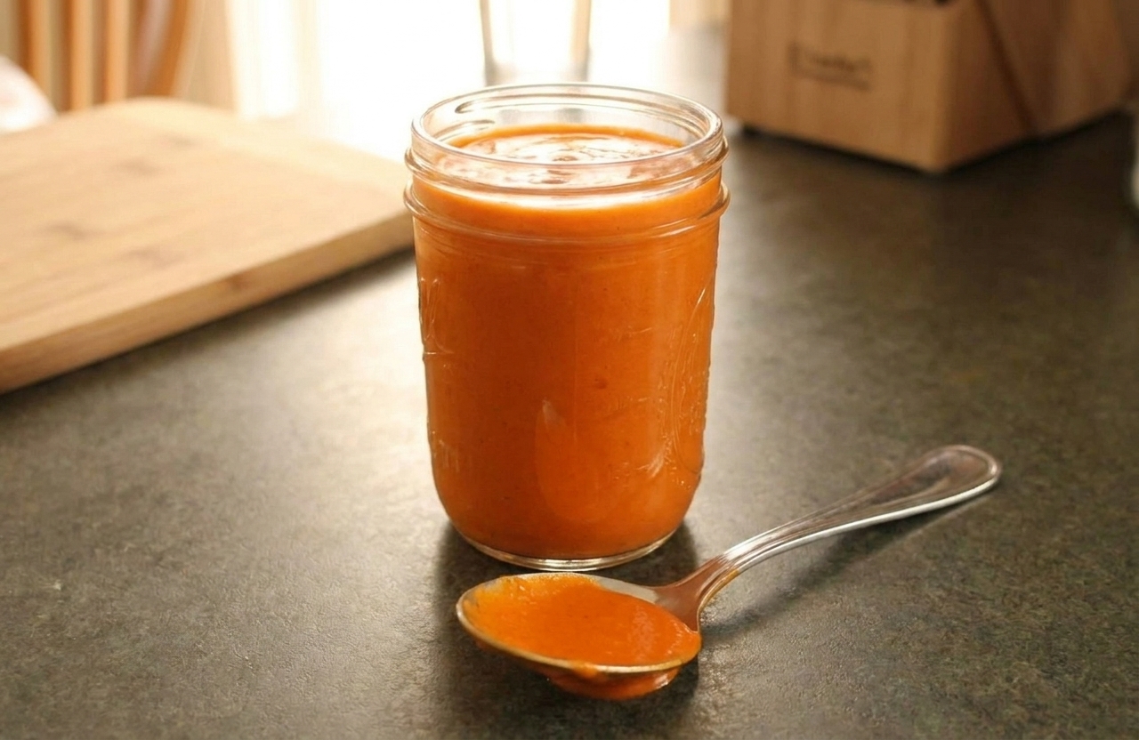 A glass jar filled with creamy orange Buffalo chicken sauce on a kitchen counter with a spoon beside it