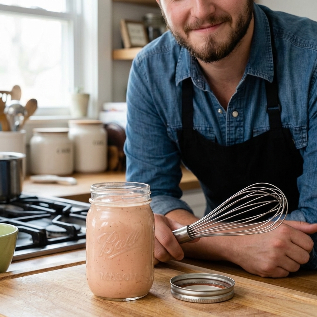 A glass jar filled with creamy pink comeback sauce with the lid beside it on a kitchen counter, a whisk resting nearby, soft natural light, photorealistic food photography
