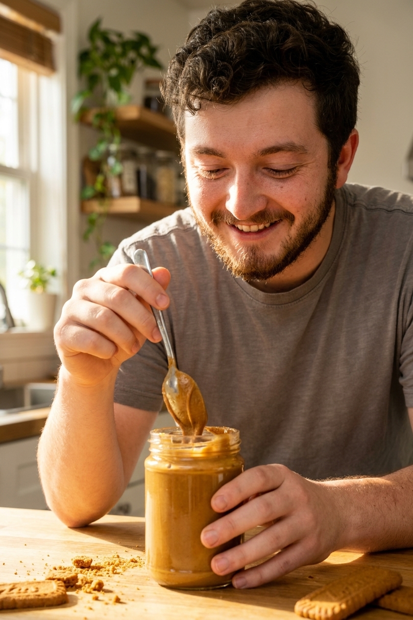 A glass jar filled with creamy speculoos cookie butter on a sunlit kitchen counter with a spoon dipped in, natural food photography