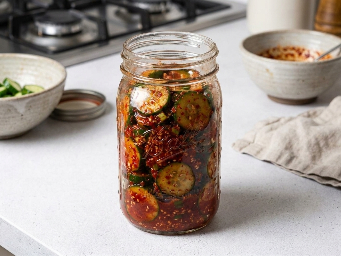 A glass jar filled with cucumber kimchi, red pepper coated cucumber slices and scallions visible through the glass, sitting on a kitchen counter ready for the fridge
