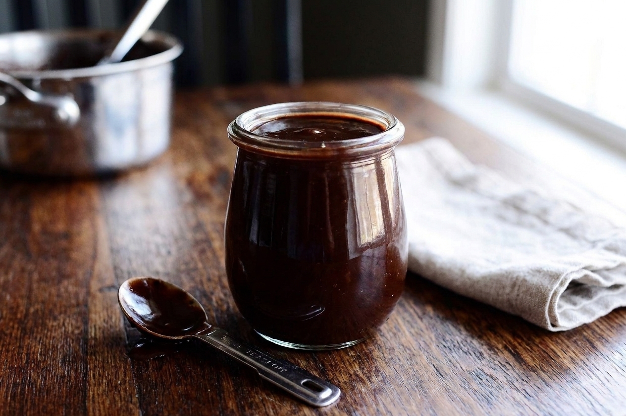 A glass jar filled with dark hot fudge sauce on a kitchen counter with a spoon resting beside it