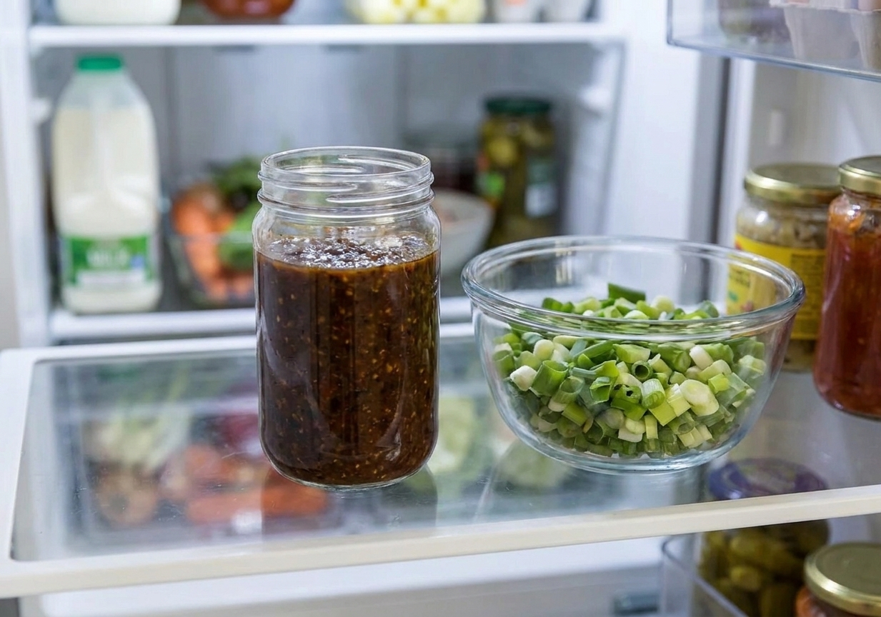 A glass jar filled with dark jerk sauce sitting on a refrigerator shelf next to a bowl of chopped scallions